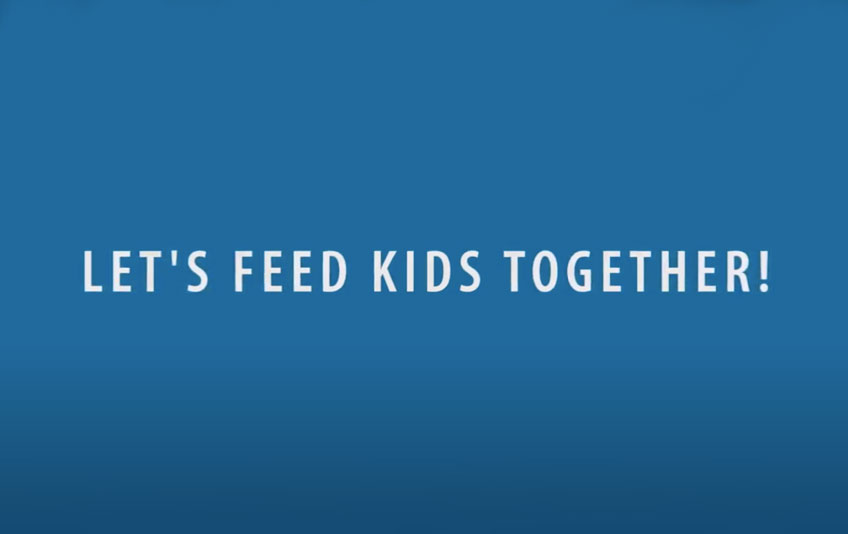 The text "Let's Feed Kids Together" in white on a blue background