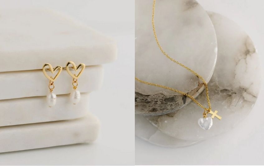 Gold heart earrings with pearls and gold cross necklace with pearl