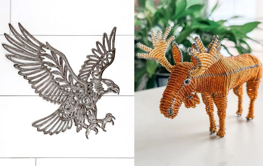 metal eagle art and beaded moose