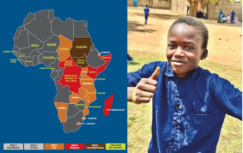 Map of Africa with crisis indicator and young boy giving thumbs up
