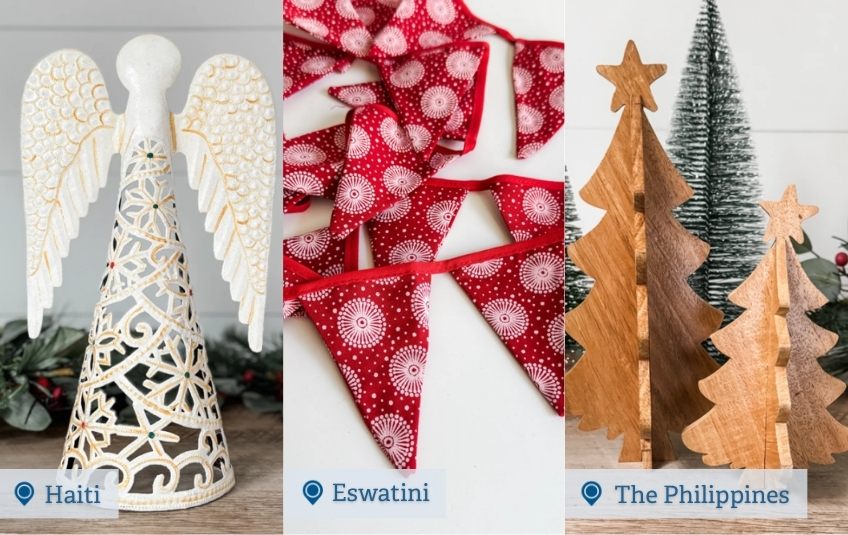 Metal angel decor and red cloth Christmas bunting and carved wooden Christmas trees