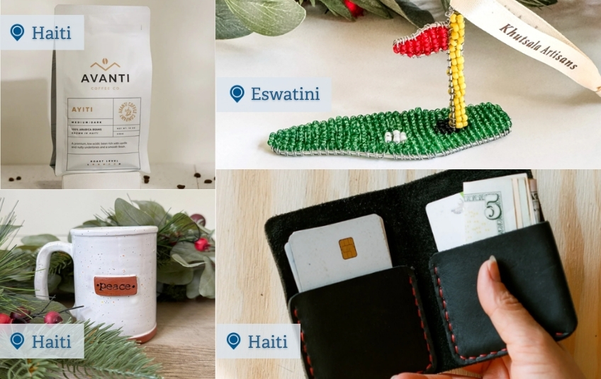 Haitian fair trade coffee and handmade mug and beaded golf ornament and simple leather wallet