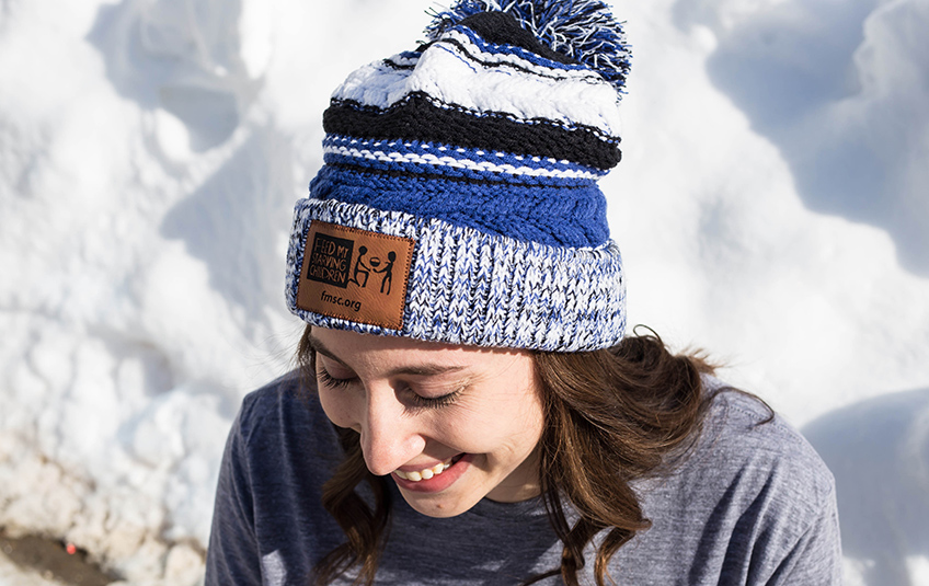 Leather Patch Pom Pom Beanie