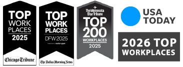 Top Workplace awards from Chicago Tribune, Star Tribune, Dallas Morning News, and USA Today