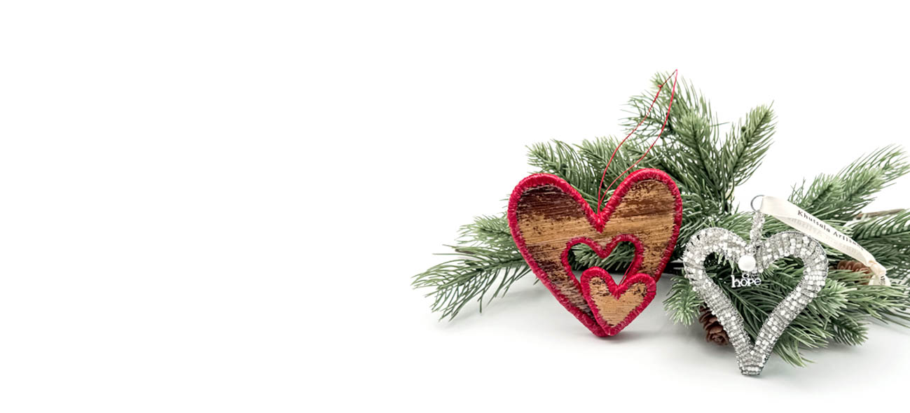 Two donation heart ornaments